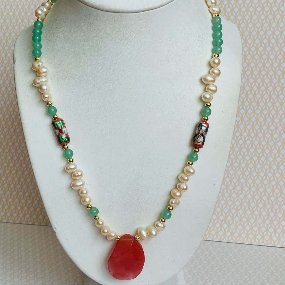 Artisan Elegant Freshwater Pearl Jade Necklace Cherry Blossom Quartz Pendant